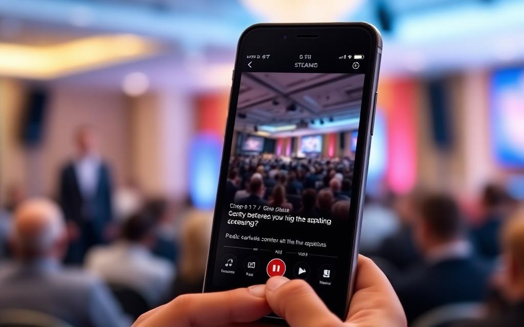 Smartphone zeigt Live-Streaming-App bei einer Konferenz